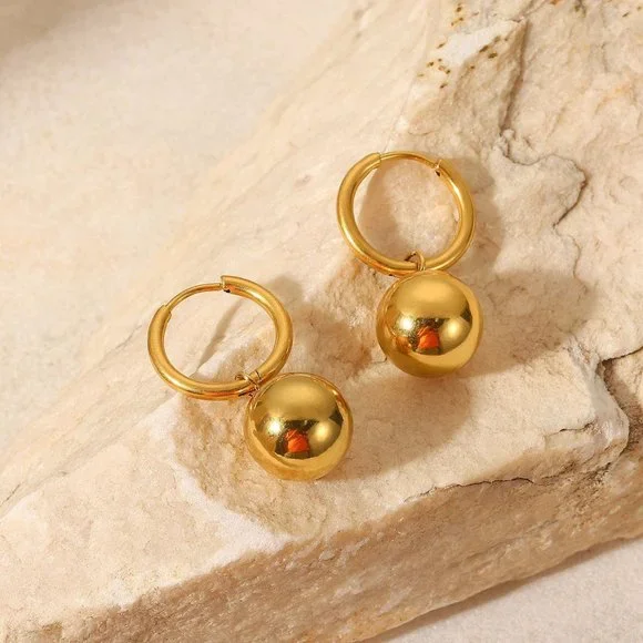 18k Gold Solid Ball Hoop Earrings - Picture 4 of 5